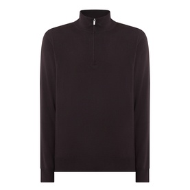 Boggi Milano dark brown wool half-zip knitwear with ribbed cuffs, hem, and funnel neck collar with silver zip detail