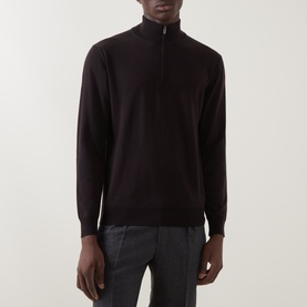 Model wearing Boggi Milano Dark Brown wool half-zip jumper, styled with light grey trousers.