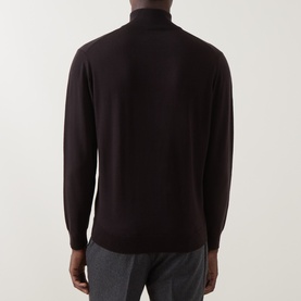Model wearing Boggi Milano Dark Brown wool half zip jumper, back view, styled with grey trousers.
