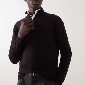 Model wearing Boggi Milano dark brown wool half zip jumper, styled with white shirt and grey trousers with leather belt