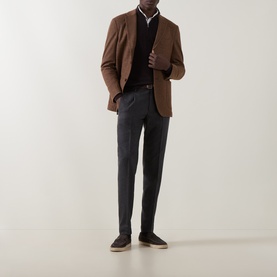Model wearing Boggi Milano Dark Brown wool half zip, styled with brown blazer and charcoal tailored trousers