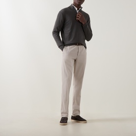 Model wearing Boggi Milano Military Green wool half zip, styled with light grey trousers and dark suede shoes