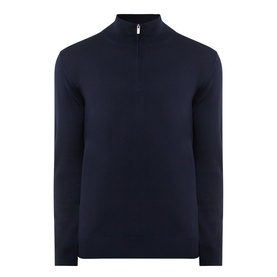Boggi Milano navy blue wool half zip jumper with mock neck collar and silver zip detail, flat lay view