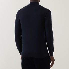 Model wearing Boggi Milano Navy Blue wool half zip jumper, back view, styled with navy trousers