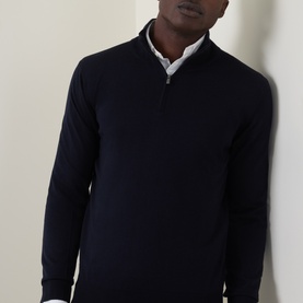 Model wearing Boggi Milano Navy Blue wool half-zip jumper, styled with a white collared shirt visible at neck.