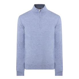 Boggi Milano light blue wool half-zip jumper with ribbed collar and silver zip detail, laid flat on white background