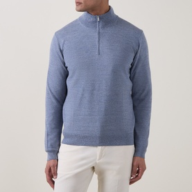 Model wearing Boggi Milano Light Blue wool half-zip knit sweater, styled with white trousers.