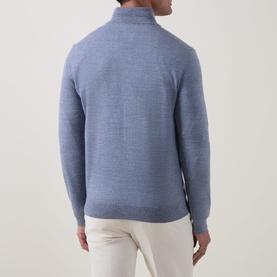 Model wearing Boggi Milano Light Blue wool half zip jumper, back view, styled with white trousers