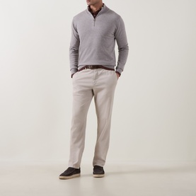 Model wearing Boggi Milano Merino Moulin&eacute; Half-Zip Sweater in sand, styled with light chinos, brown belt and dark suede loafers