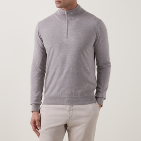 Model wearing Boggi Milano Merino Moulin&eacute; Half-Zip Sweater in sand, with stand collar and ribbed cuffs, styled with light chinos.