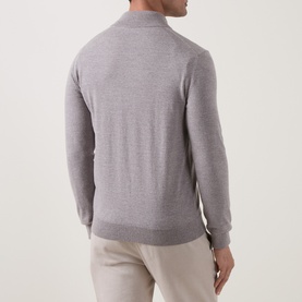 Model wearing Boggi Milano Merino Moulin&eacute; Half-Zip Sweater in sand, back view, showing stand collar, ribbed hem and long sleeves