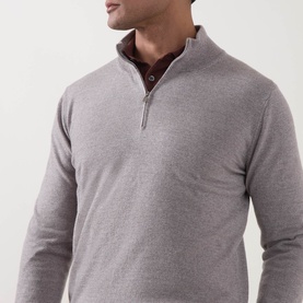 Model wearing Boggi Milano Merino Moulin&eacute; Half-Zip Sweater in sand, extra-fine merino with stand collar, styled over a dark collared shirt