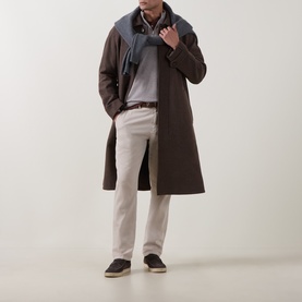 Model wearing Boggi Milano Merino Moulin&eacute; Half-Zip Sweater in sand, styled with brown overcoat, cream trousers and dark loafers
