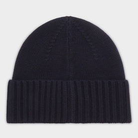 Boggi Milano navy blue wool knit beanie hat with wide ribbed cuff, flat lay view