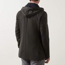 Model wearing Boggi Milano Madison Sweatshirt Blazer in Military Green, back view showing detachable navy hood and rear vents.