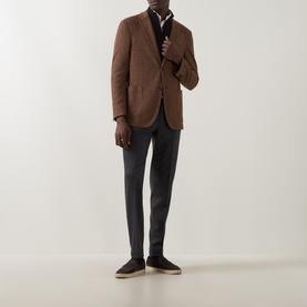 Model wearing Boggi Milano brick red wool-cotton blazer, styled with dark trousers and navy turtleneck