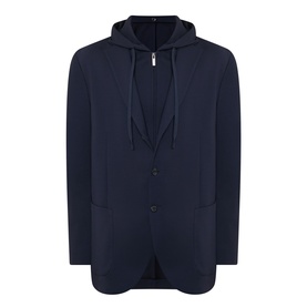 Boggi Milano navy blue men's jacket with detachable hoodie insert, two-button front, zip detail, and patch pockets