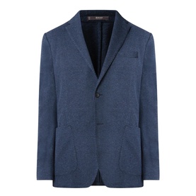 Boggi Milano Micro Textured Single-Breasted Blazer in indigo, notch lapel, one chest welt pocket, two patch pockets, curved hem