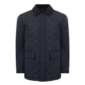 Boggi Milano Diamond-Quilted Padded Jacket in navy blue with corduroy collar, front zip, snap button placket and hip flap pockets
