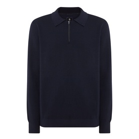 Boggi Milano Tech Half-Zip Sweater in navy blue, polo collar, half-zip fastening, long sleeves, ribbed trims, straight hemline