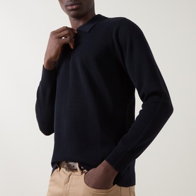 Model wearing Boggi Milano Tech Half-Zip Sweater in navy blue, long sleeves, ribbed trims, styled with stone chinos