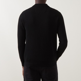 Model wearing Boggi Milano Tech Half-Zip Sweater in black, rear view showing long sleeves and straight hemline with ribbed trims.