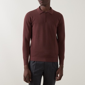 Model wearing Boggi Milano Tech Half-Zip Sweater in Brick Red, long sleeves, half-zip collar, styled with dark grey trousers.