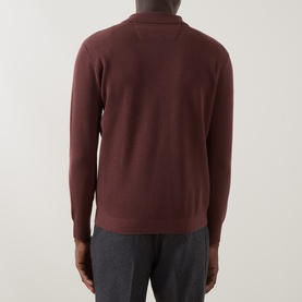 Model wearing Boggi Milano Tech Half-Zip Sweater in Brick Red, rear view, showing ribbed trims and long sleeves, styled with grey trousers.