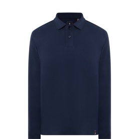 Boggi Milano navy blue long-sleeve polo shirt with button placket and spread collar, ghost mannequin shot