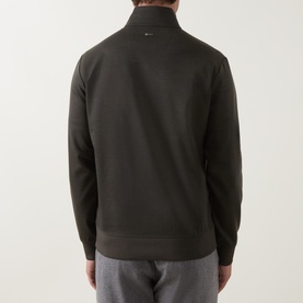 Model wearing Boggi Milano Technical Half-Zip Sweatshirt in Military Green, rear view showing logo plaque, ribbed trims and funnel neck.