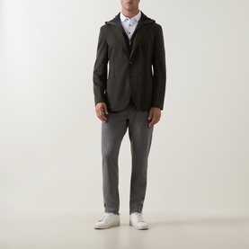 Model wearing Boggi Milano Military Green Technical Half-Zip Sweatshirt with grey trousers and white trainers.