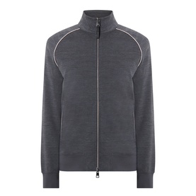 Boggi Milano charcoal zip-up sweatshirt with funnel neck, contrast piping trim, and ribbed cuffs