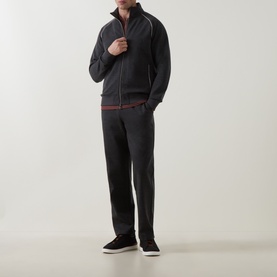 Model wearing Boggi Milano charcoal zip-up sweatshirt with contrast piping, styled with matching charcoal trousers and dark trainers.
