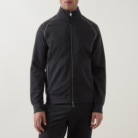 Model wearing Boggi Milano charcoal zip-through sweatshirt with contrast white piping, funnel neck, and ribbed cuffs, styled with black trousers.