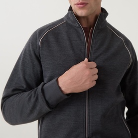 Model wearing Boggi Milano charcoal sweatshirt with zip-through funnel neck, contrast piping detail, and ribbed cuffs.
