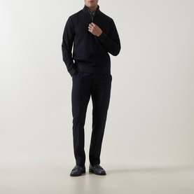 Model wearing Boggi Milano Technical Half-Zip Sweatshirt in navy blue with funnel neck, styled with navy trousers and dark loafers.