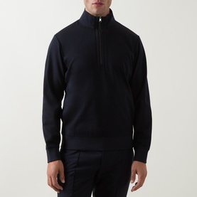 Model wearing Boggi Milano Technical Half-Zip Sweatshirt in navy blue, featuring funnel neck, half-zip placket and ribbed trims, styled with navy