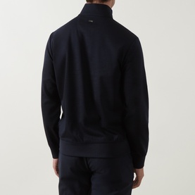 Model wearing Boggi Milano Technical Half-Zip Sweatshirt in navy blue, rear view showing funnel neck, half-zip placket and logo plaque