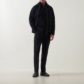 Model wearing Boggi Milano Technical Half-Zip Sweatshirt in navy blue with funnel neck, styled with matching navy jacket and trousers.