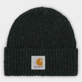 Carhartt green speckled wool-blend beanie with ribbed knit texture, folded cuff, and branded logo patch
