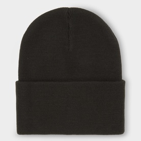 Carhartt beanie in Raven black, ribbed knit with wide folded cuff, flat lay view.