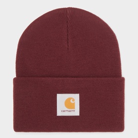 Carhartt beanie in Amarone, ribbed knit acrylic with folded cuff and signature woven logo patch
