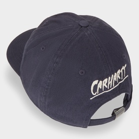 Carhartt cap in Shady Purple, rear view showing script logo and adjustable metal clasp, washed cotton finish