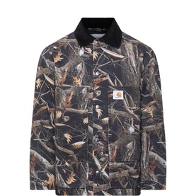 Carhartt Lander Logo Jacket in Camo Feather Tree print with black corduroy collar, button closure, chest pockets and logo badge