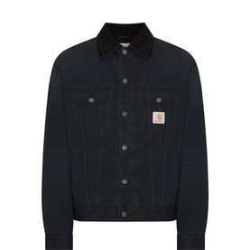 Carhartt OG Logo Trucker Jacket in black with contrast corduroy collar, chest pockets, button fastenings, and logo patch