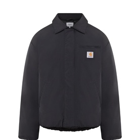 Carhartt black nylon casual jacket with shirt collar, chest pocket, and branded logo patch, sherpa lining visible at hem