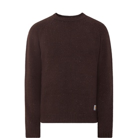 Carhartt brown lambswool crew neck jumper with ribbed cuffs, hem and neckline, subtle fleck texture and small logo tab