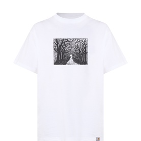 Carhartt white cotton crew neck T-shirt with black tree-lined avenue graphic print on chest, small logo tab at hem.