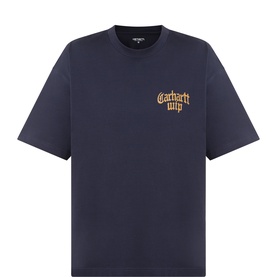 Carhartt WIP navy crew neck T-shirt with gold gothic-style logo graphic on chest, 100% cotton