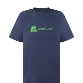 Carhartt WIP blue crew neck cotton T-shirt with green cartoon character and logo graphic print on chest